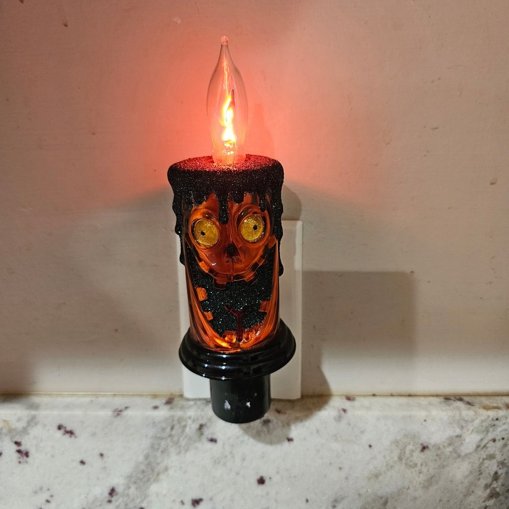 Halloween Skull Candle Night Light Orange Black Glitter Melting Wax Flicker Bulb